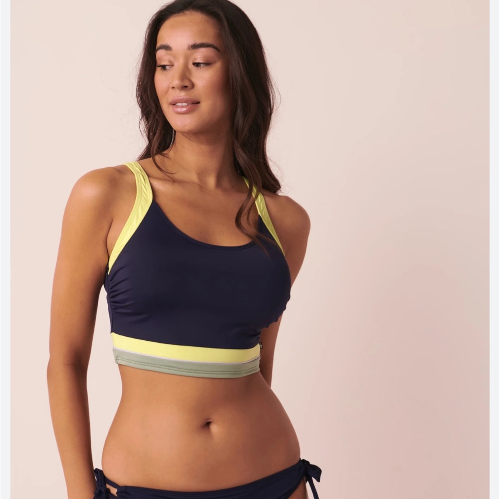 La Vie En Rose Navy and Neon Yellow Swim top